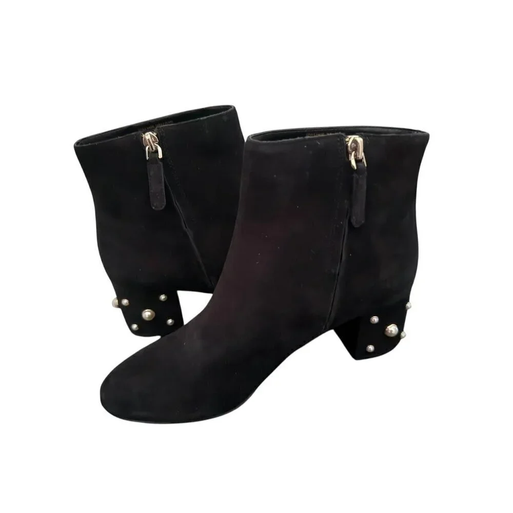 Kate Spade Womens Black Suede Faux Pearl Block Heel Ankle Bootie Sz 8.5 New